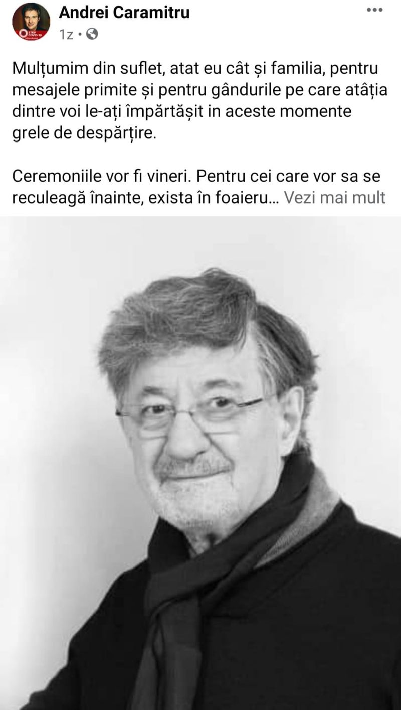 Andrei Caramitru a postat un mesaj pe contul personal de Facebook, după ce și-a pierdut tatăl