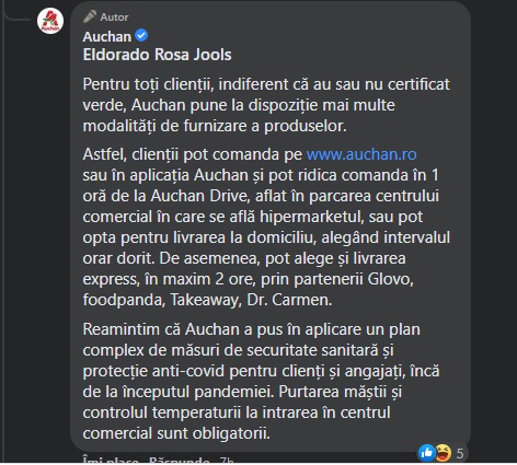 Răspuns reprezentanți Auchan România LISTĂ supermarketuri și hypermarketuri fără certificat verde. La Lidl, Metro și Selgros au acces și nevaccinații