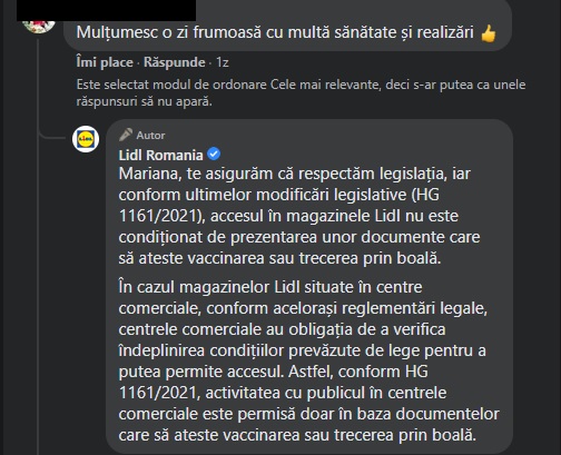 Răspuns reprezentanți Lidl România LISTĂ supermarketuri și hypermarketuri fără certificat verde. La Lidl, Metro și Selgros au acces și nevaccinații