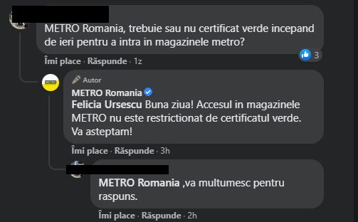 Răspuns reprezentanți Metro România LISTĂ supermarketuri și hypermarketuri fără certificat verde. La Lidl, Metro și Selgros au acces și nevaccinații