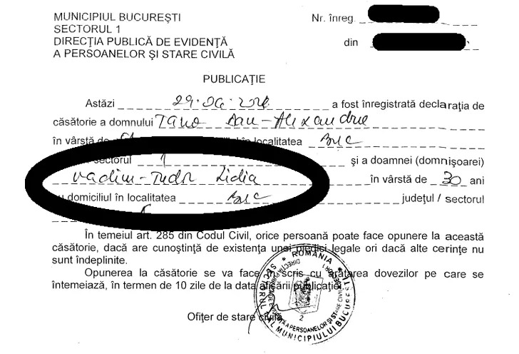 Lidia Vadim Tudor a fost &icirc;n fața ofițerului de stare civilă cu Tano Dan-Alexandru