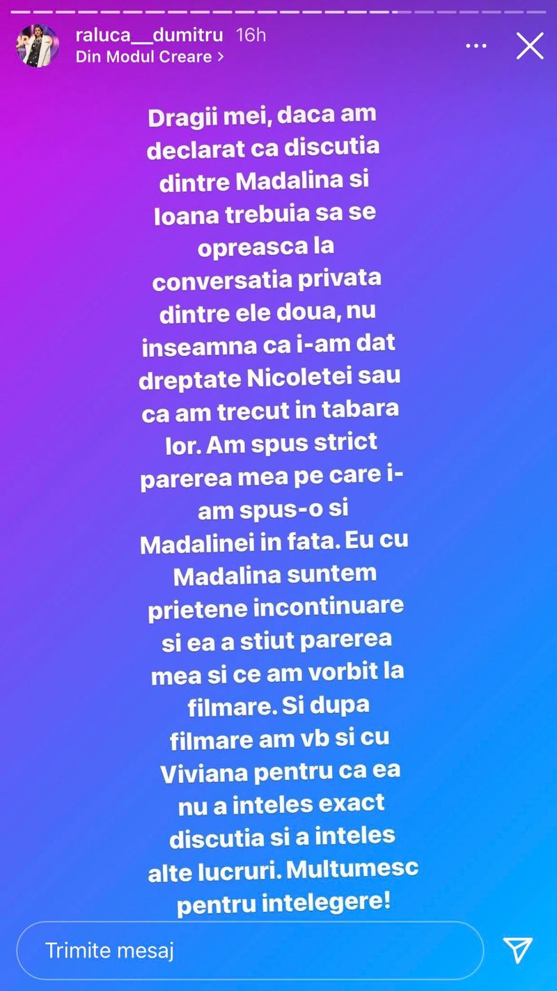 Postarea făcută de Raluca Dumitru
