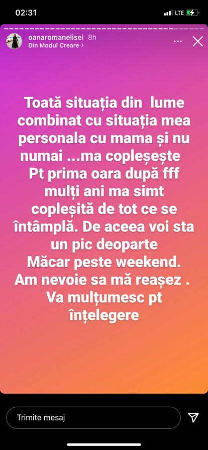 Oana Roman va dispărea de pe Instagram! Vedeta a început să plângă în fața fanilor, este copleșită de probleme