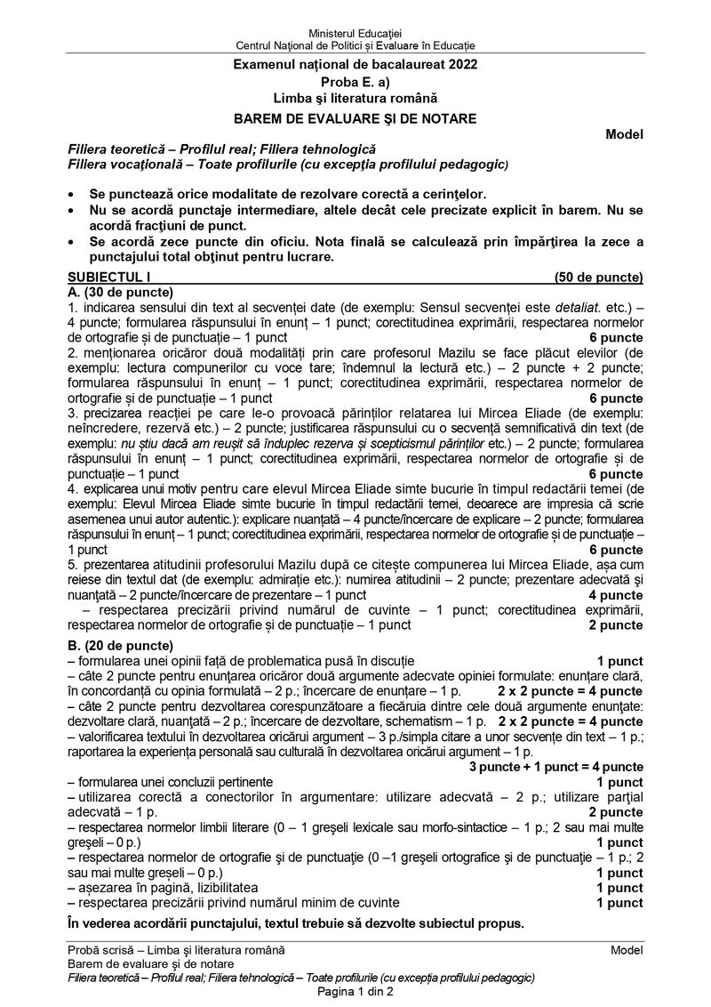 Simulare Bacalaureat 2022. Barem de corectare