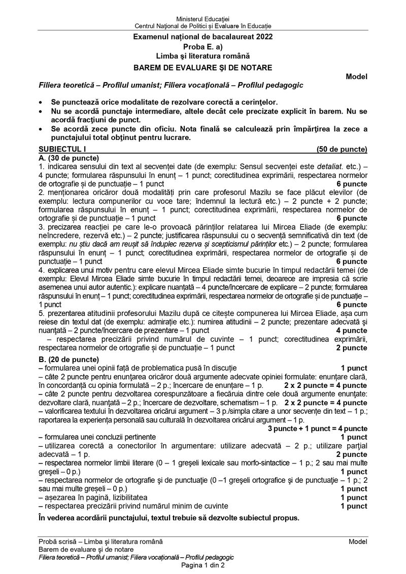 Simulare Bacalaureat 2022. Barem de corectare