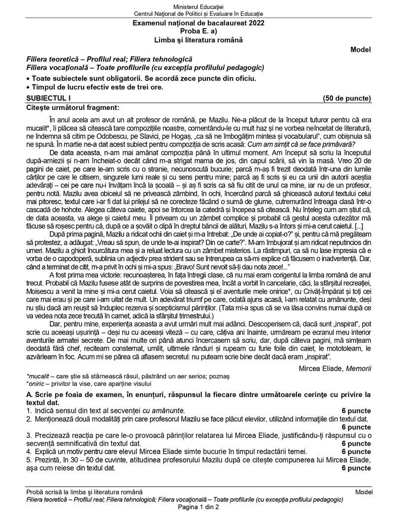 Simulare Bacalaureat 2022. Modele de subiecte la Limba și literatura română