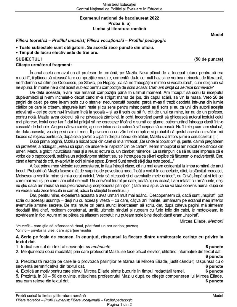 Simulare Bacalaureat 2022. Modele de subiecte la Limba și literatura română