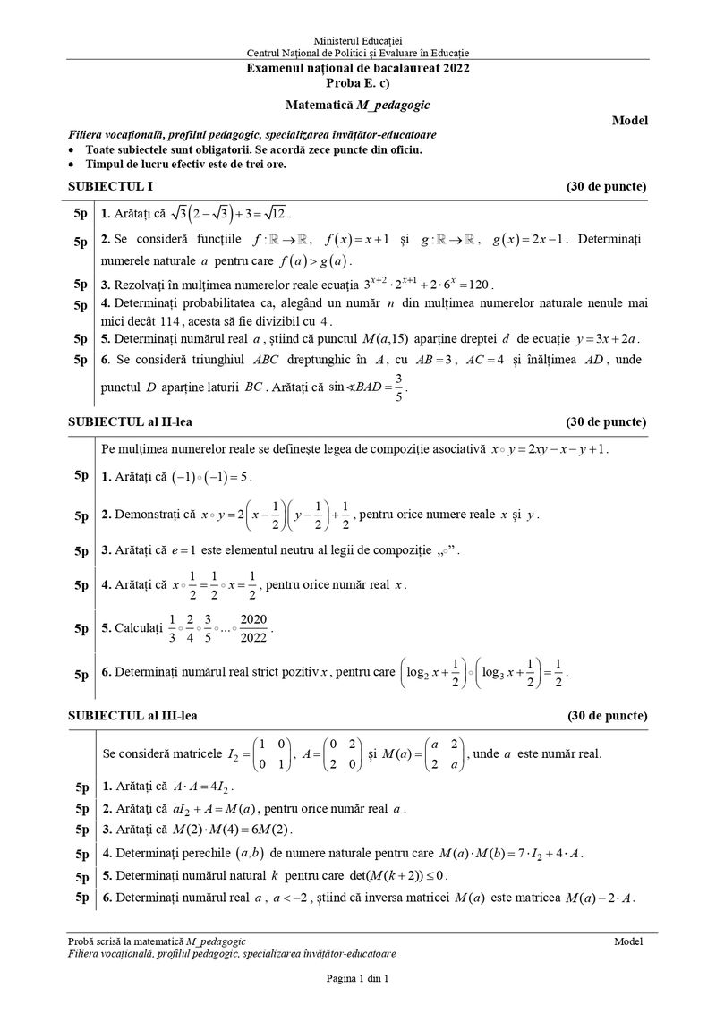 Simulare Bacalaureat 2022. Modele de subiecte la Matematică