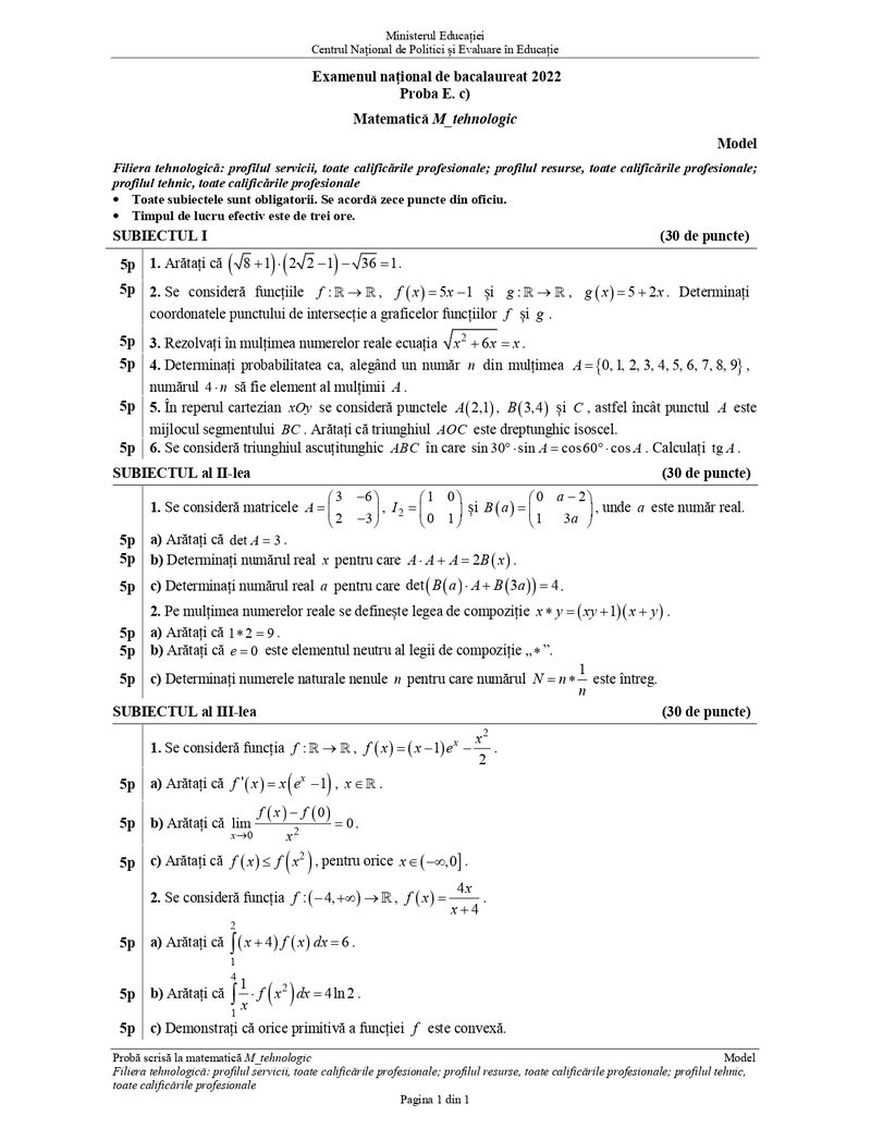 Simulare Bacalaureat 2022. Modele de subiecte la Matematică
