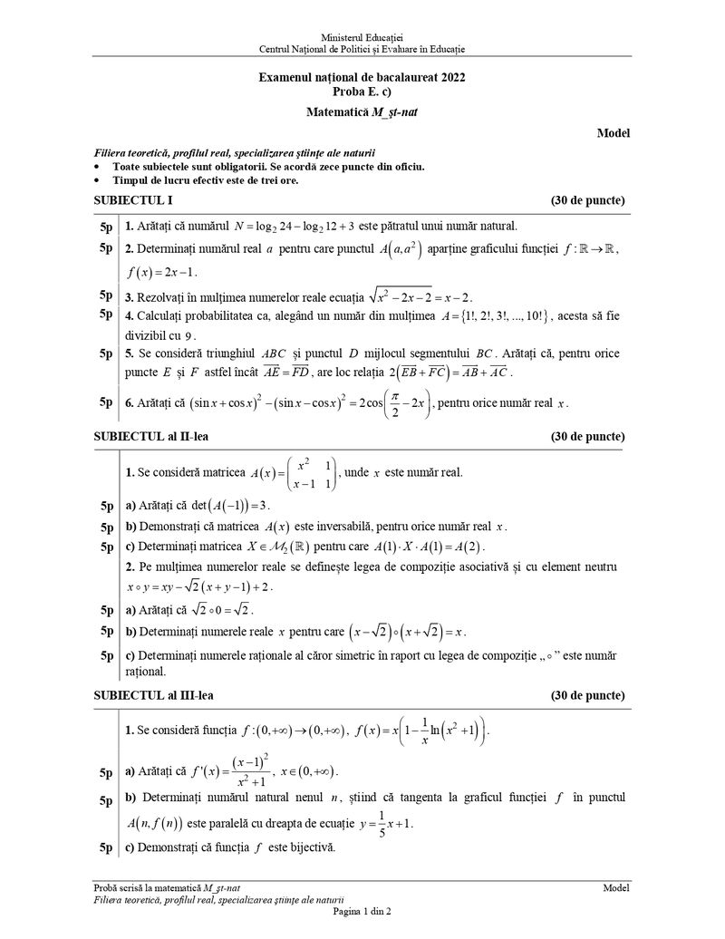 Simulare Bacalaureat 2022. Modele de subiecte la Matematică