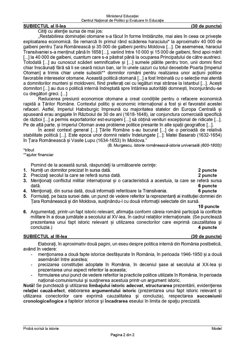 Simulare Bacalaureat 2022. Modele de subiecte la Istorie