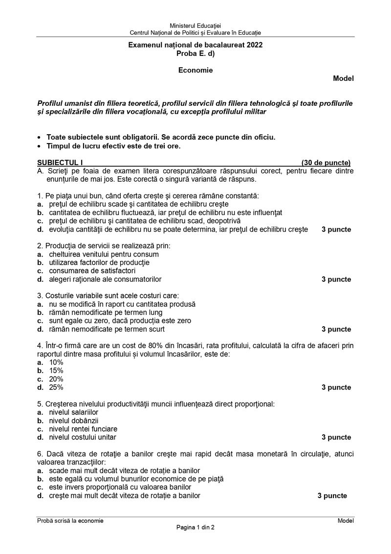 Modele subiecte simulare Bacalaureat 2022. Proba la alegere