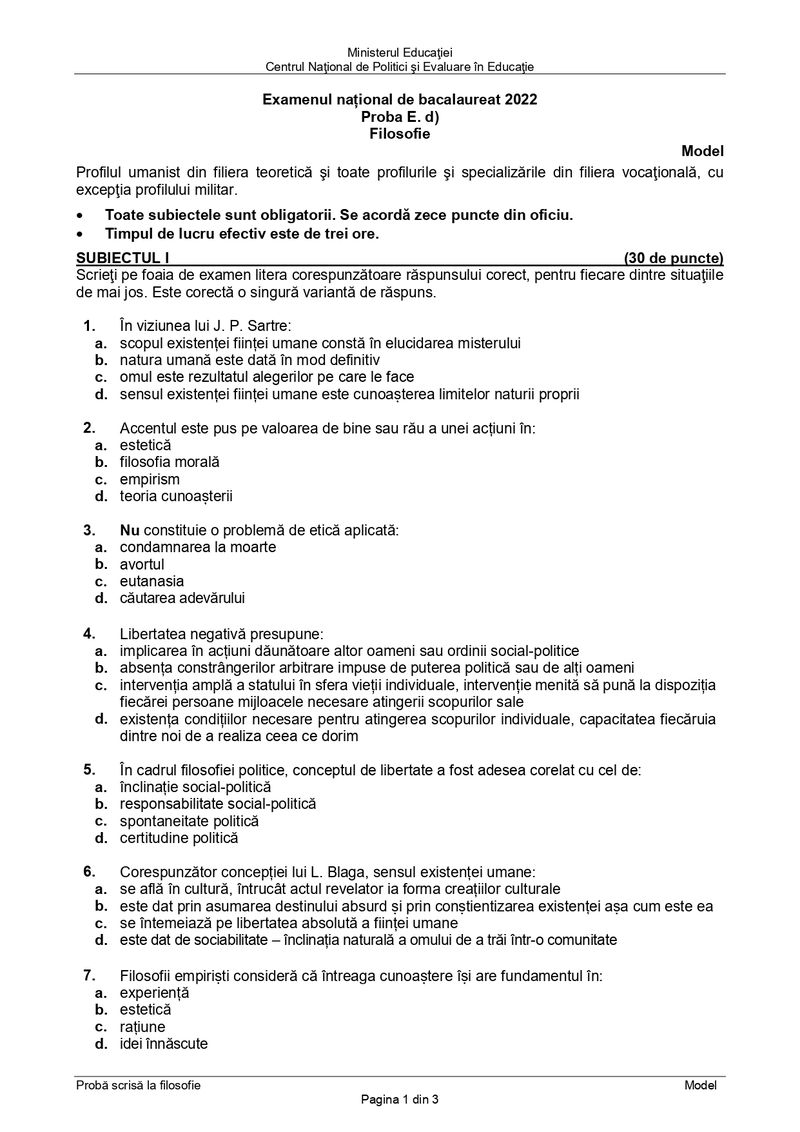 Modele subiecte simulare Bacalaureat 2022. Proba la alegere