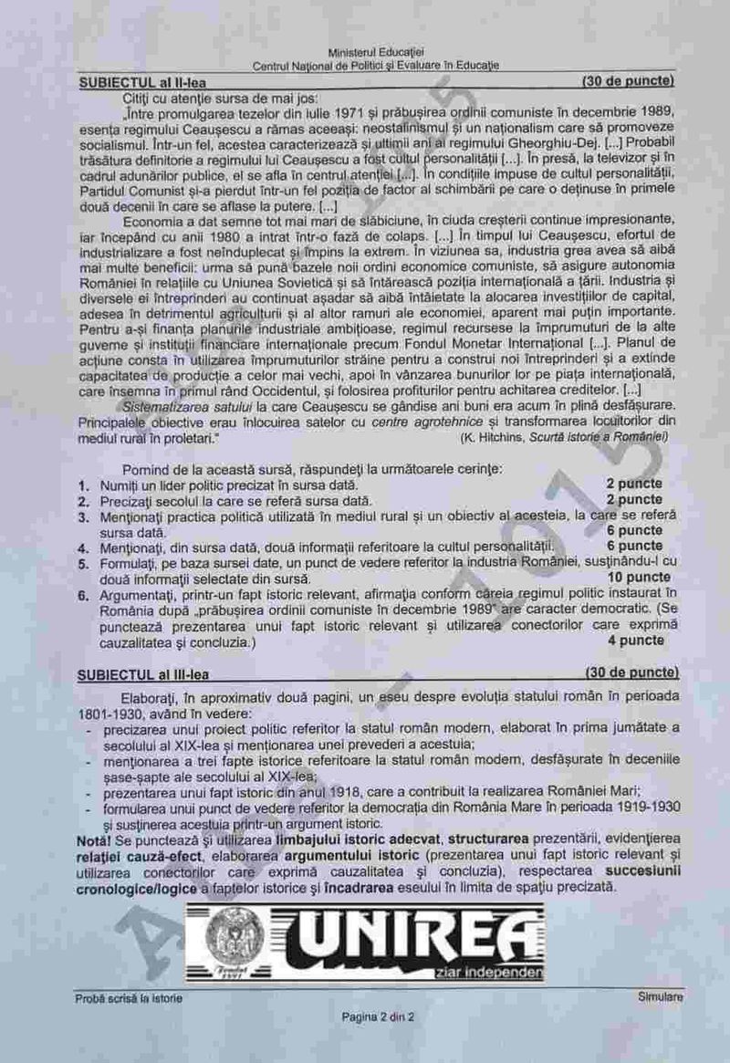 Subiecte simulare Istorie BAC 2022