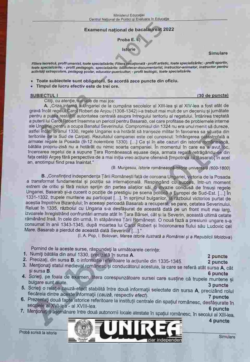 Subiecte simulare Istorie BAC 2022