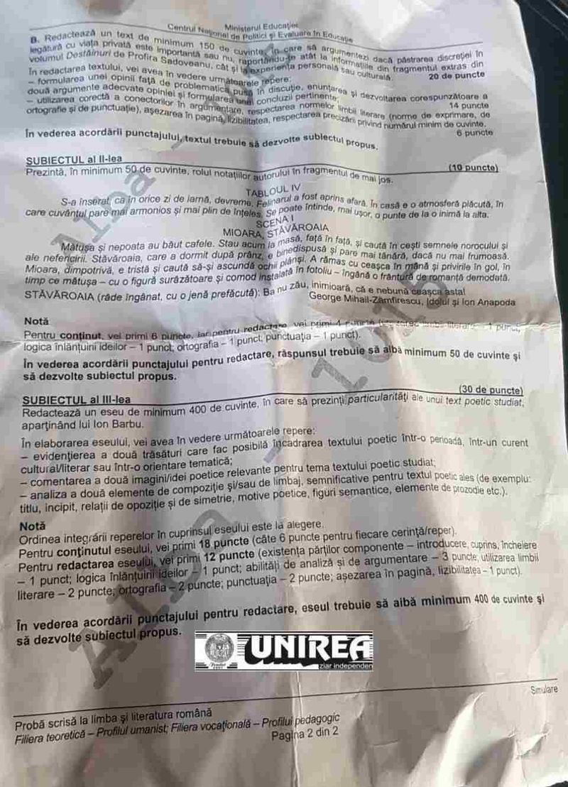 Subiecte simulare Rom&acirc;nă BAC 2022