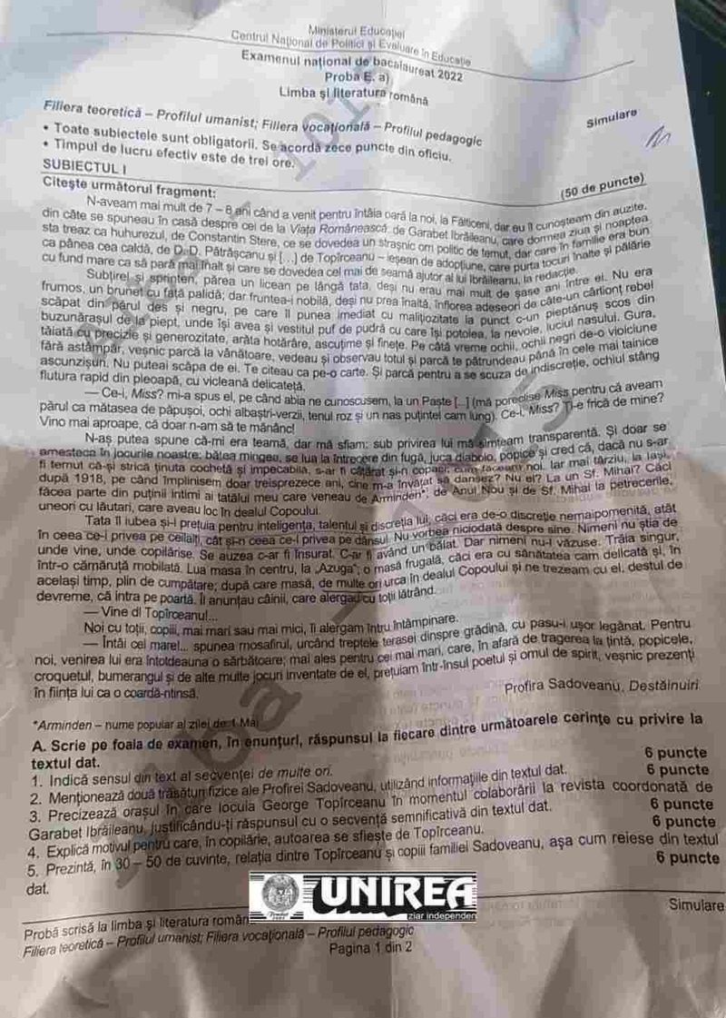 Ce subiecte au picat la simulare Rom&acirc;nă Bacalaureat 2022