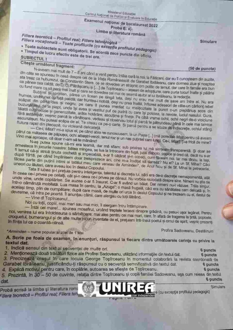 SIMULARE ROM&Acirc;NĂ BACALAUREAT 2022