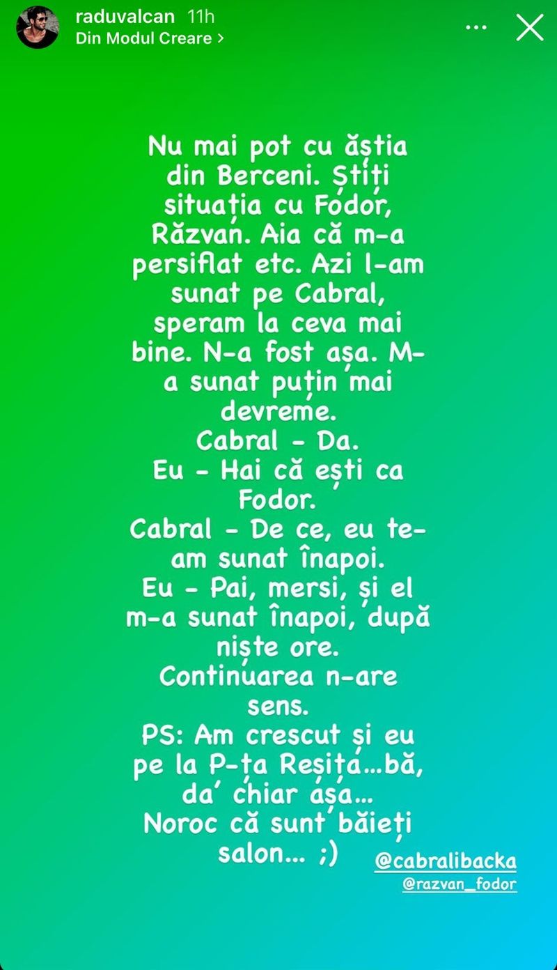 Postarea făcută de Radu Vâlcan la InstaStory Postarea făcută de Radu Vâlcan la InstaStory