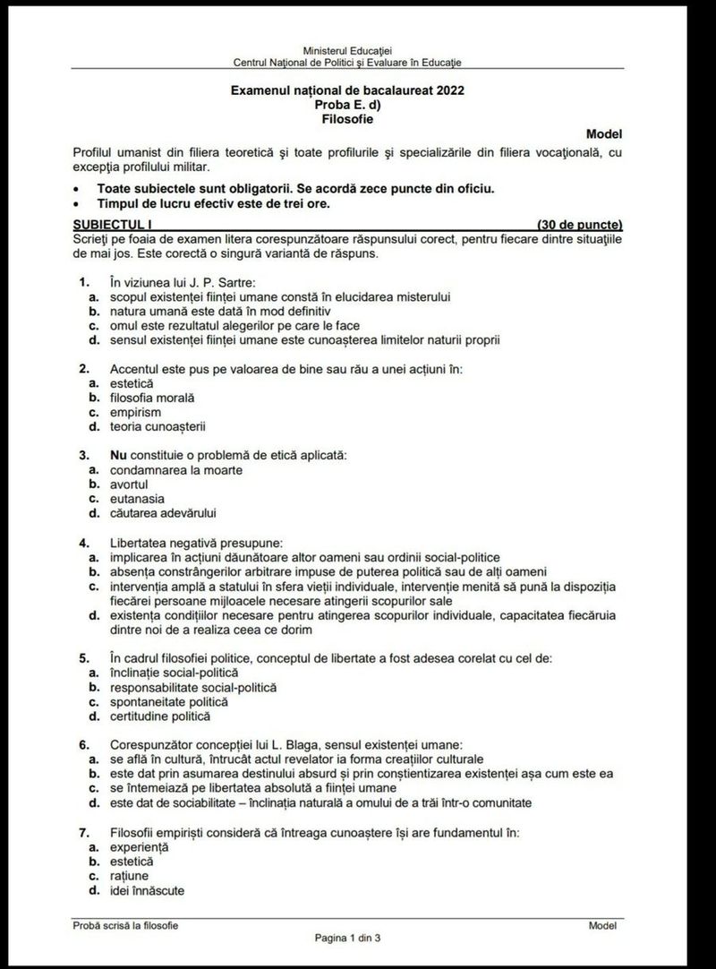 Bacalaureat 2022. Modele de subiecte Filosofie BAC 2022
