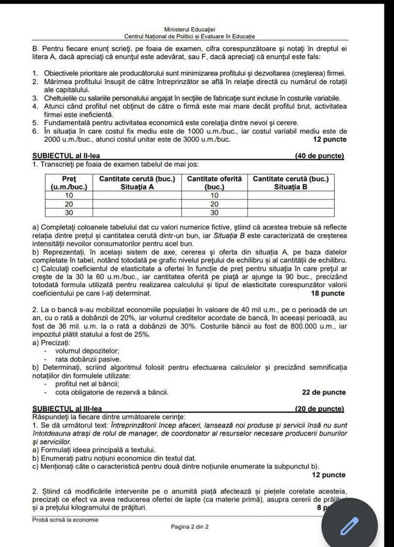 Bacalaureat 2022. Modele de subiecte Economie BAC 2022