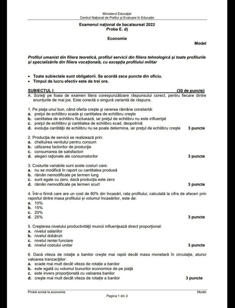 Bacalaureat 2022. Modele de subiecte Economie BAC 2022