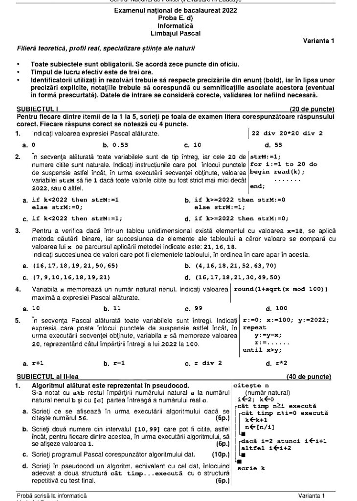 Subiecte BAC 2022. Proba la alegere: Informatică - specializare științe ale naturii