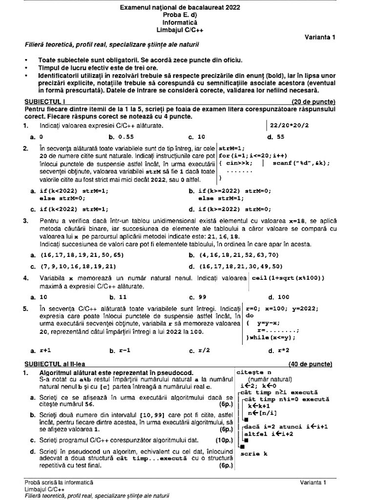 Subiecte BAC 2022. Proba la alegere: Informatică - specializare științe ale naturii