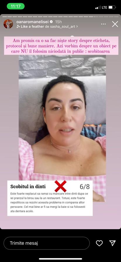 Oana Roman oferă fanilor lecții de bune maniere. Vedeta a urmat exemplul Adelinei Pestrițu