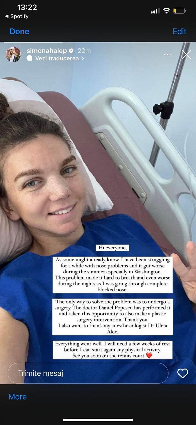 Simona Halep, pe patul de spital, după ce a suferit o operație la nas. Cum se simte acum jucătoarea de tenis &bdquo;Singura soluție era operația&rdquo;