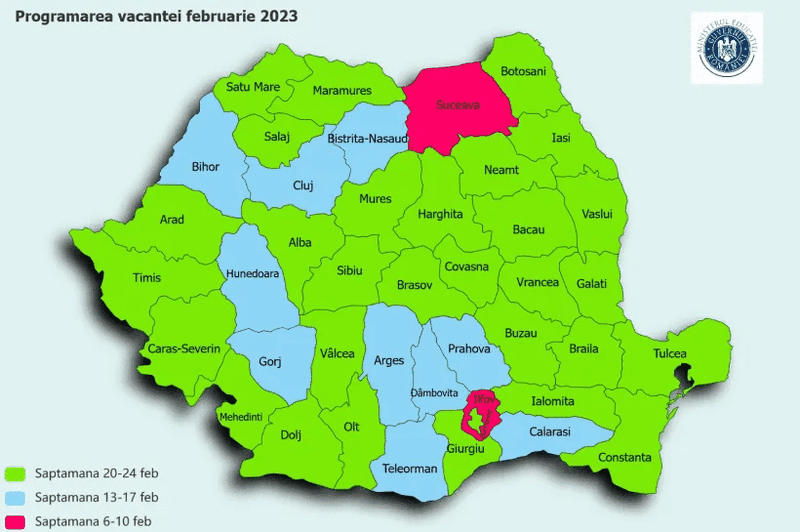 Harta vacanțelor februarie 2023 pentru fiecare județ în parte. Vezi când intră elevii în vacanța mobilă
