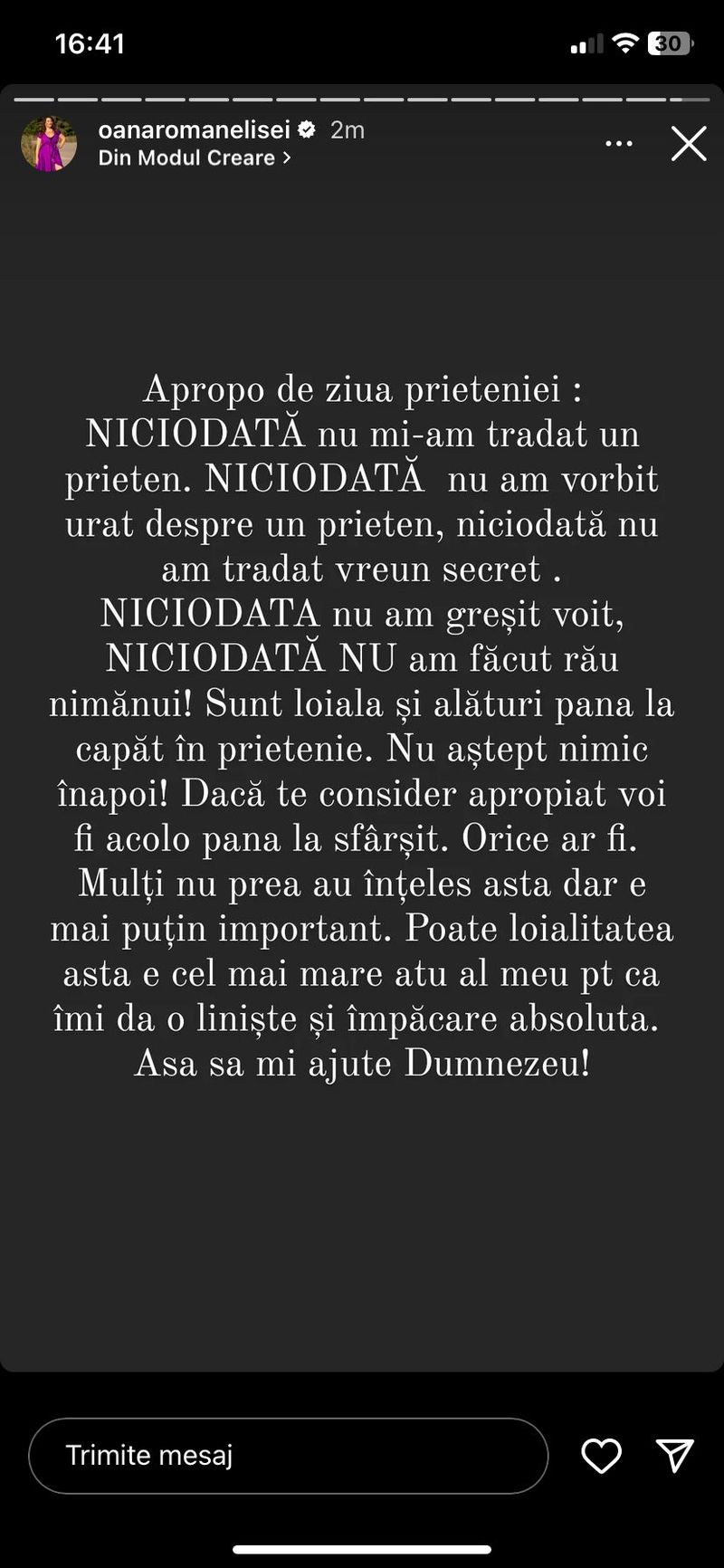 Postare InstaStory Oana Roman oana roman, prietenie, declaratii