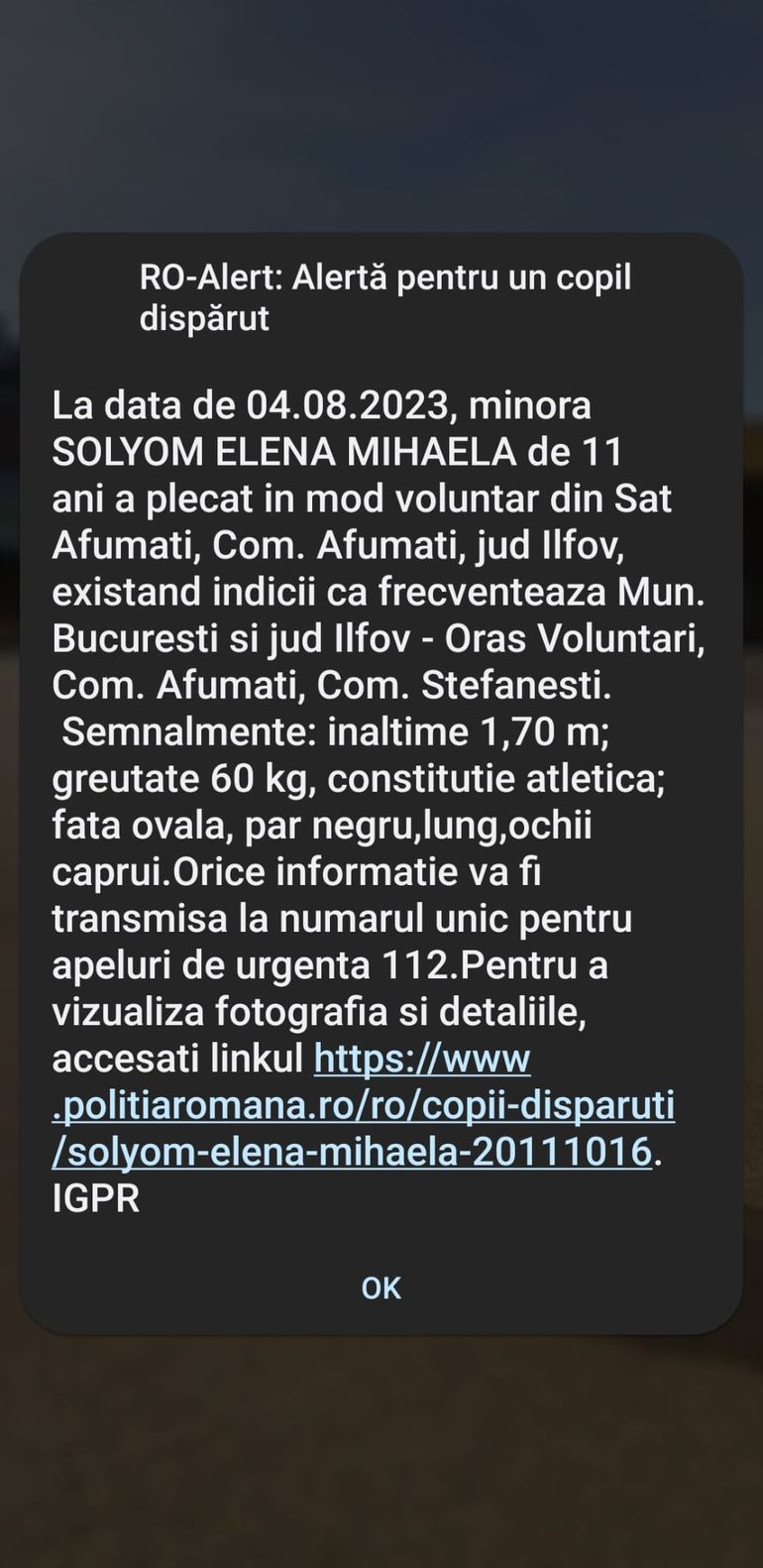 Mesajul Ro-Alert, transmis de autorități Copil dispărut, fetita abuzată, copil răpit, dispariție