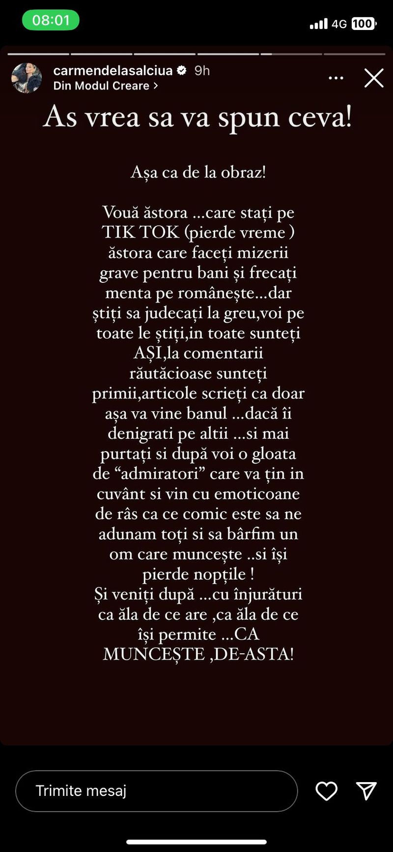 carmen de la salciua, instagram, anunt, suparare, reactie acida