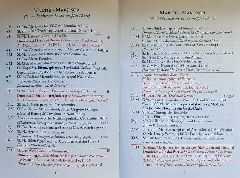 Calendar Creștin Ortodox Martie 2024