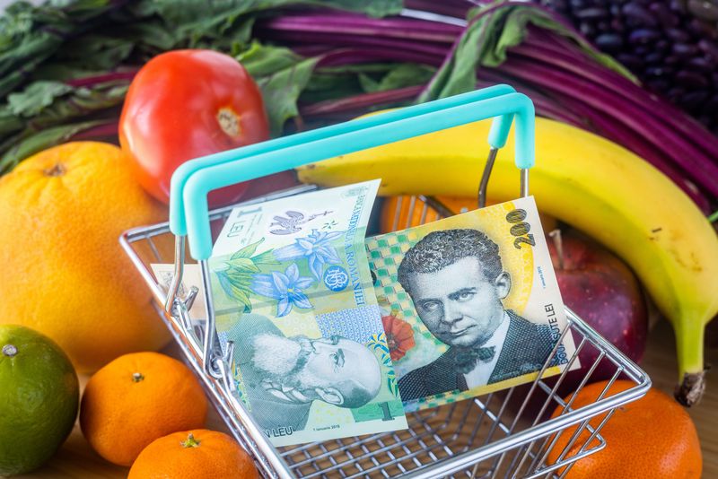 Bani, coș de cumpărături, fructe pe fundal