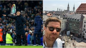 Pep Guardiola (stânga), antrenorul lui Manchester City și Xabi Alonso (dreapta) tehnicianul lui Bayer Leverkusen