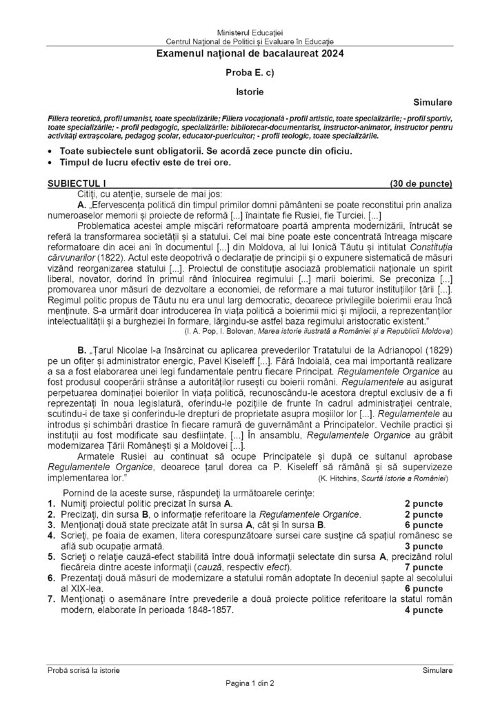 Simulare BAC 2024: subiecte la istorie