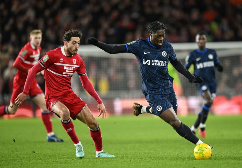 Jucătorii de la Chelsea evoluând împotriva celor de la Middlsbrough în EFL Cup Middlesbrough - Chelsea 1-0, manșa tur din semifinalele EFL Cup