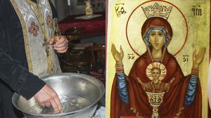 Preot, apă sfințită, icoană Maica Domnului și Iisus Hristos