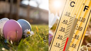 Termometru, ouă colorate, în iarbă