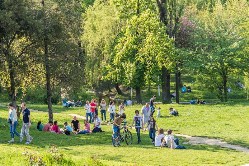 Adulți și copii în parc, se bucură de o zi însorită la iarbă verde