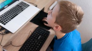 Elev, folosește un laptop