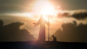 Ilustrație Iisus Hristos și mielul la apus  iisus hristos, miel, silueta, soare