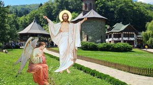 Iisus Hristos, biserică pe fundal