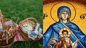 Coșuri cu alimente și lumânări, Maica Domnului și Iisus Hristos