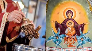 Preot, sfințește apa, Pictură cu Maica Domnului și Iisus Hristos