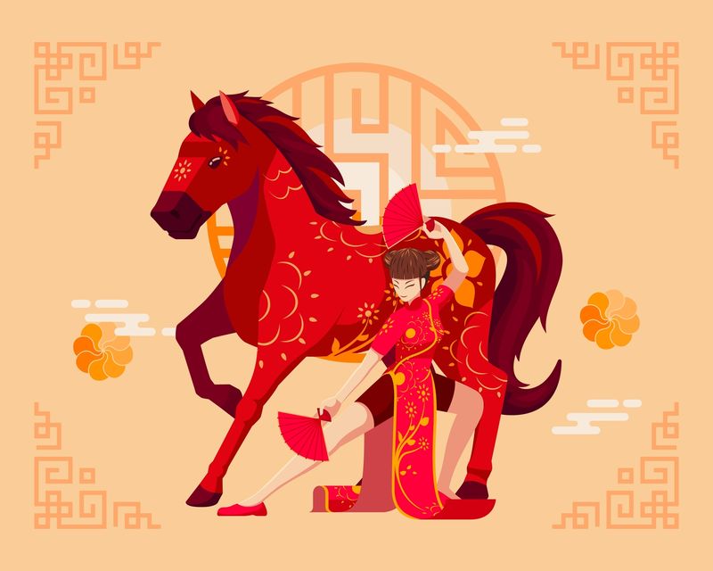 cal, fata asiatica, elemente chinezesti, vector