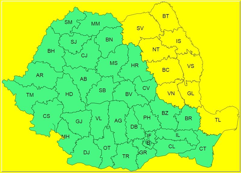 Harta județelor în care este valabil codul galben de ploi torențiale