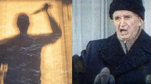 Colaj: Siluetă bărbat cu un cuțit ridicat și Nicolae Ceaușescu